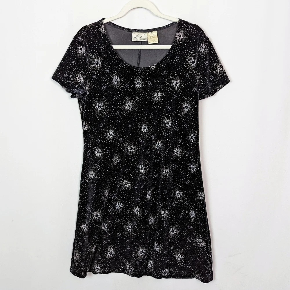 Vintage 90s Kathie Lee Collection Sz. M Velvet Dress Glitted Floral Embellished